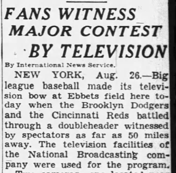Newspaper item about first MLB game on television 